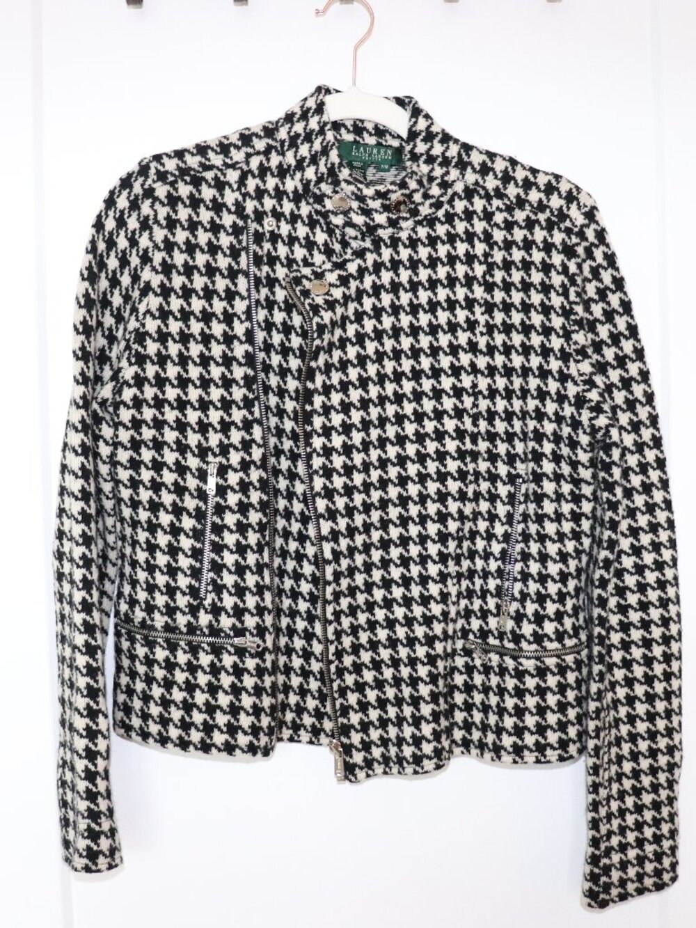 Lauren Ralph Lauren Petite Houndstooth Lambswool Jacket Black Cream P/M